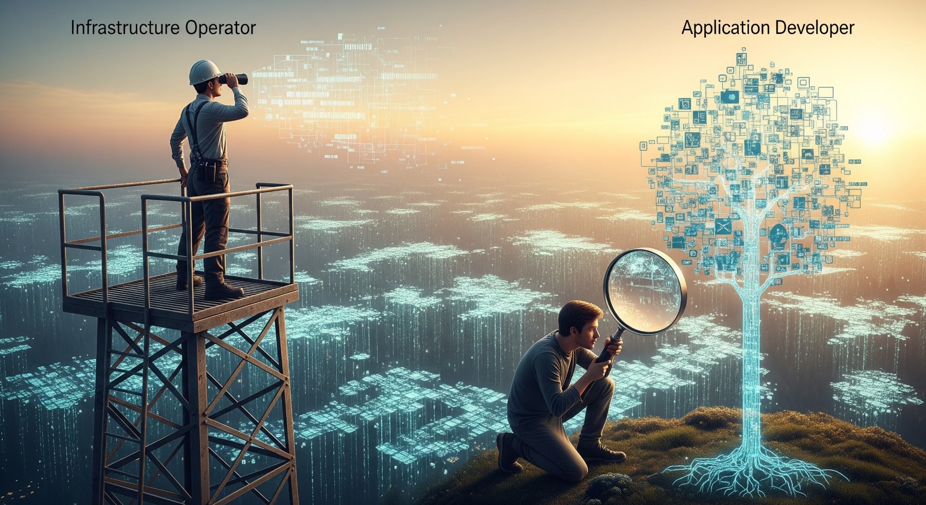 An illustration of two personas. On the left, an Infrastructure Operator in a hard hat stands on a tall watchtower, looking out over a vast field of glowing data with binoculars. On the right, an Application Developer kneels beside a tree made of glowing data nodes and inspects it with a magnifying glass.