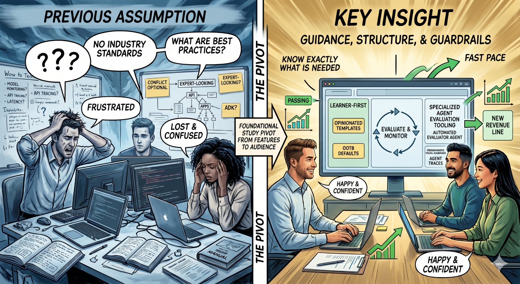 A two-panel illustration. The left panel, labeled “Previous Assumption,” shows developers looking frustrated and confused, surrounded by question marks and notes asking “no industry standards” and “what are best practices?” The right panel, labeled “Key Insight: Guidance, Structure, & Guardrails,” shows developers smiling and confident in front of a beginner-friendly interface with opinionated templates, out-of-the-box dashboards, specialized agent evaluation tooling, and arrows pointing to a new revenue line.